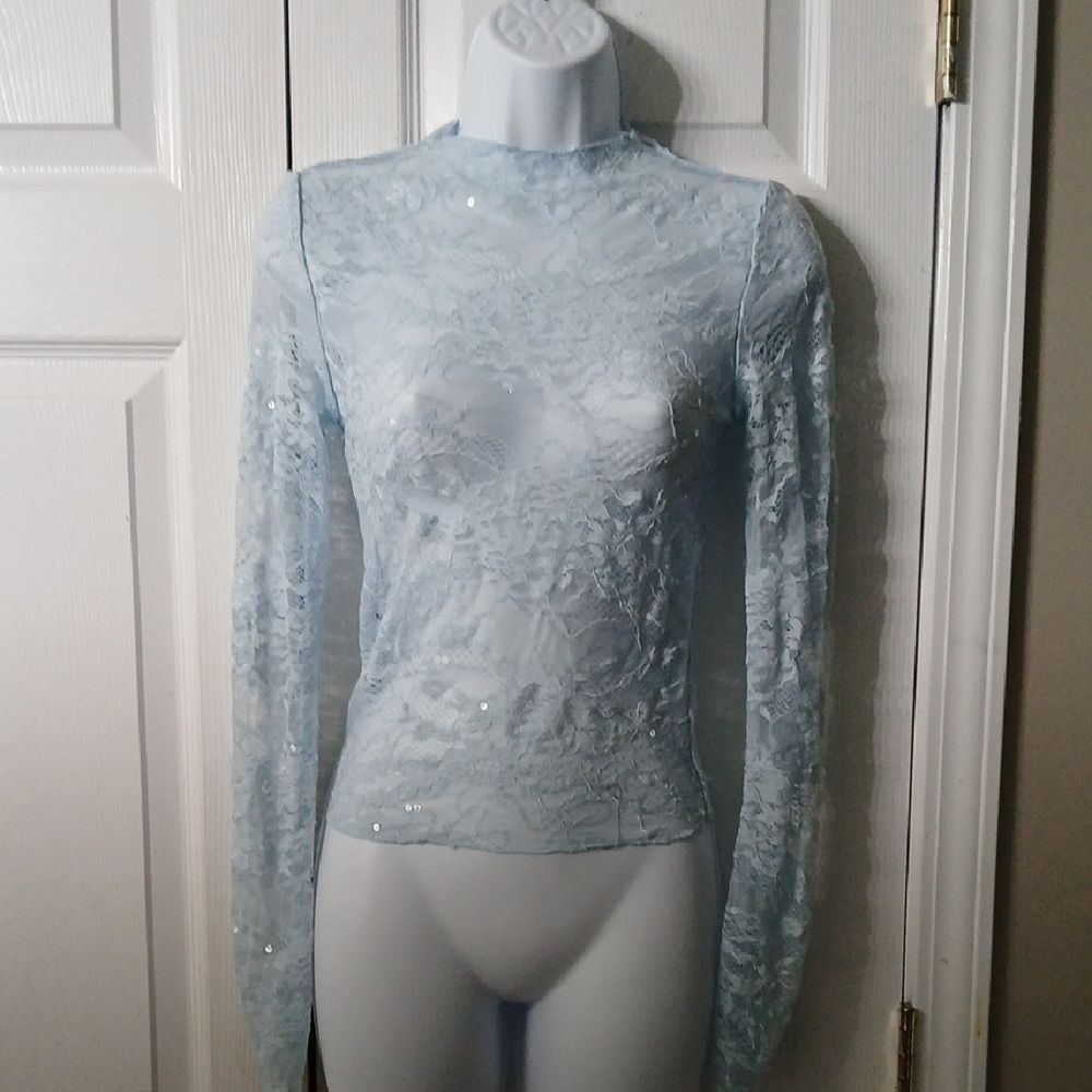 Wild Fable baby blue lace long sleeve  sequin fitted blouse Sz XXS NWT